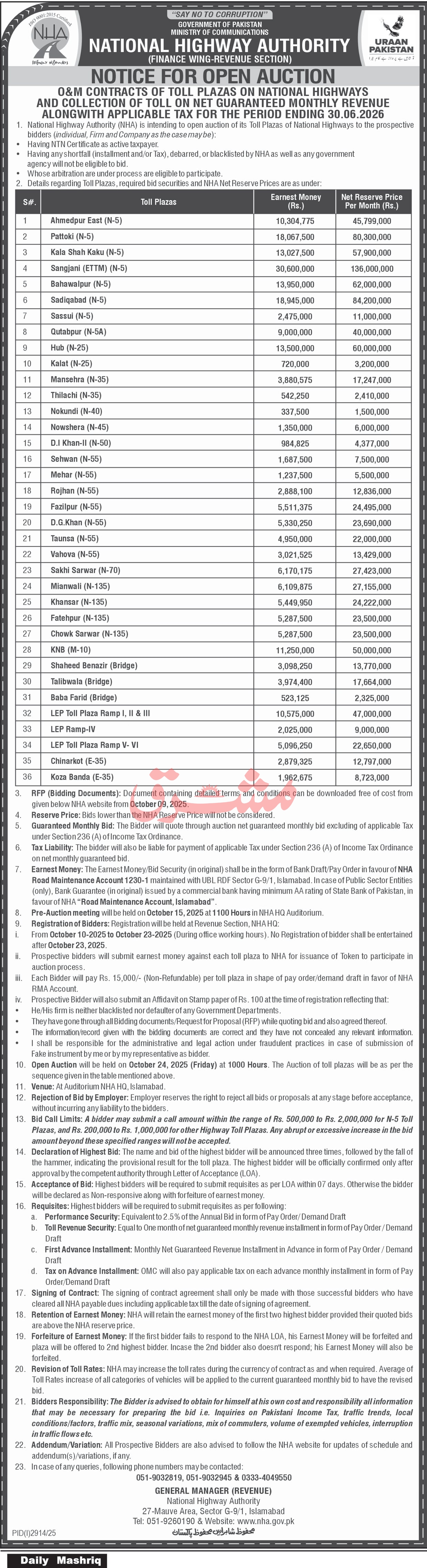 National Highway Authority Islamabad Tender Notice